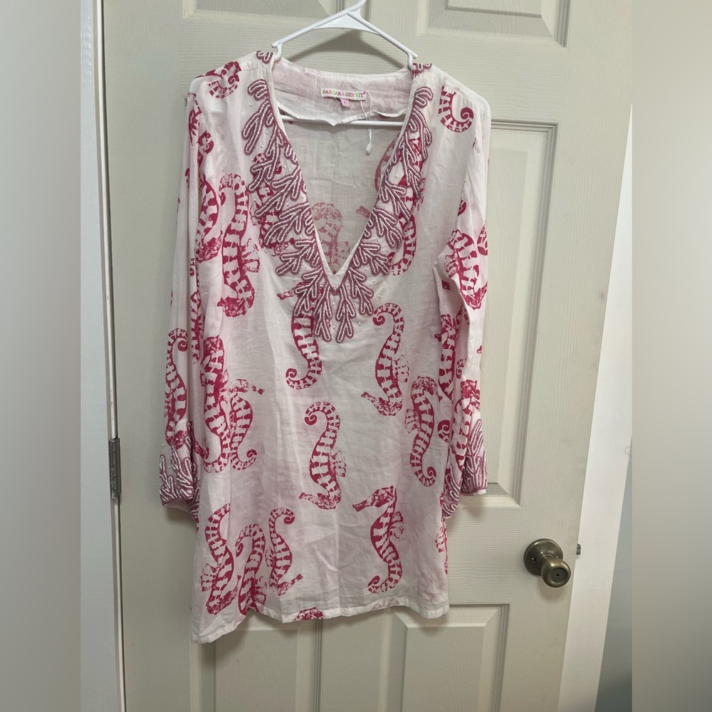 Women's White Tunic with Pink Seagull Print and beading